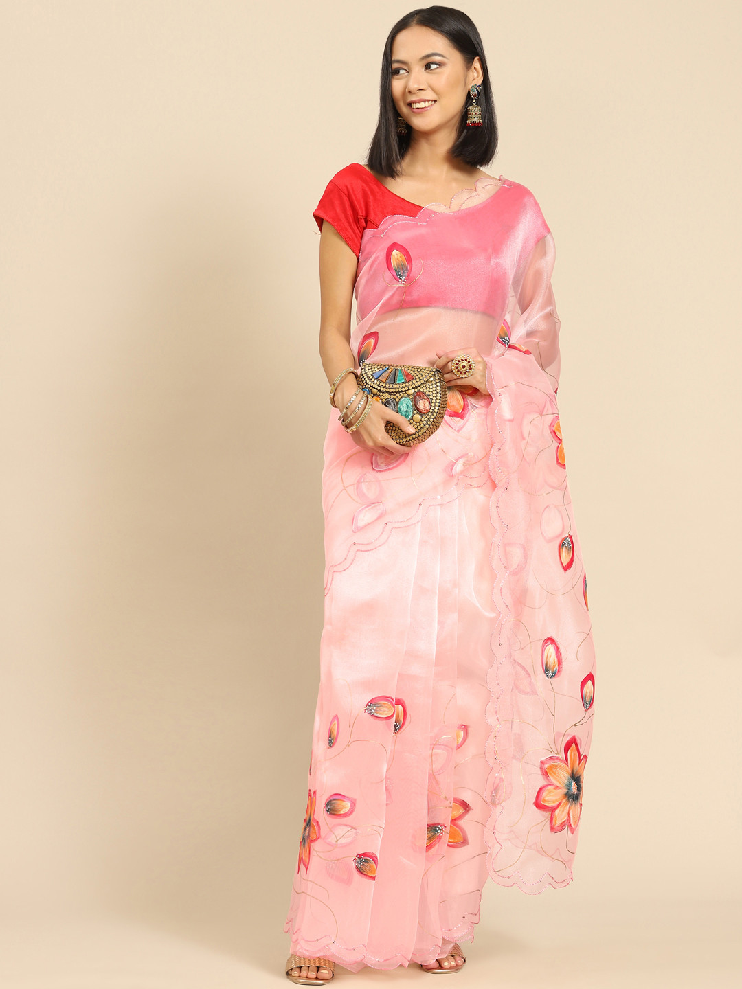 Anouk Peach-Coloured Hand-Printed Floral Organza Saree
