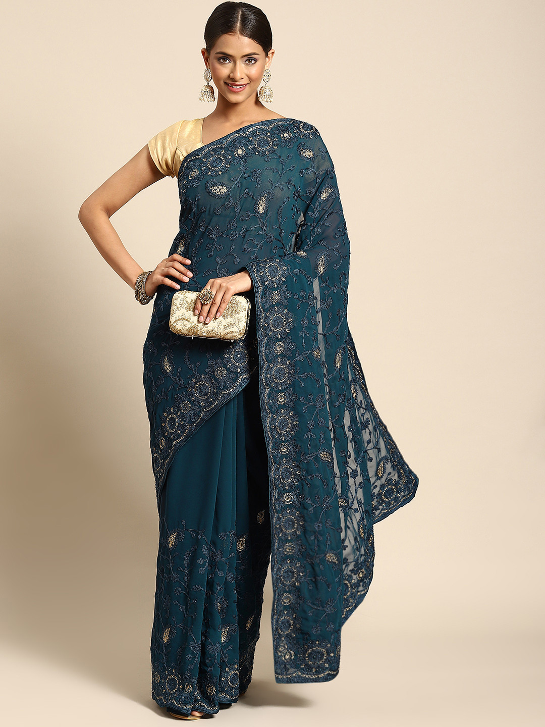 Anouk Teal Blue Ethnic Motifs Saree