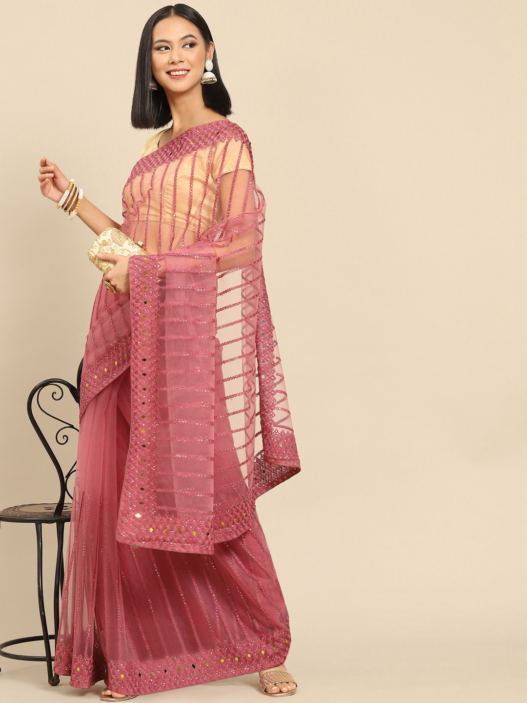 Anouk Dusty Pink Embellished Sequinned Net Saree