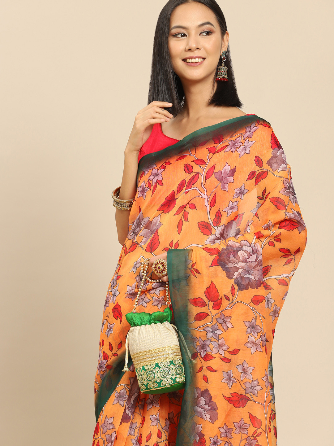 Anouk Mustard Yellow & Red Floral Print Saree