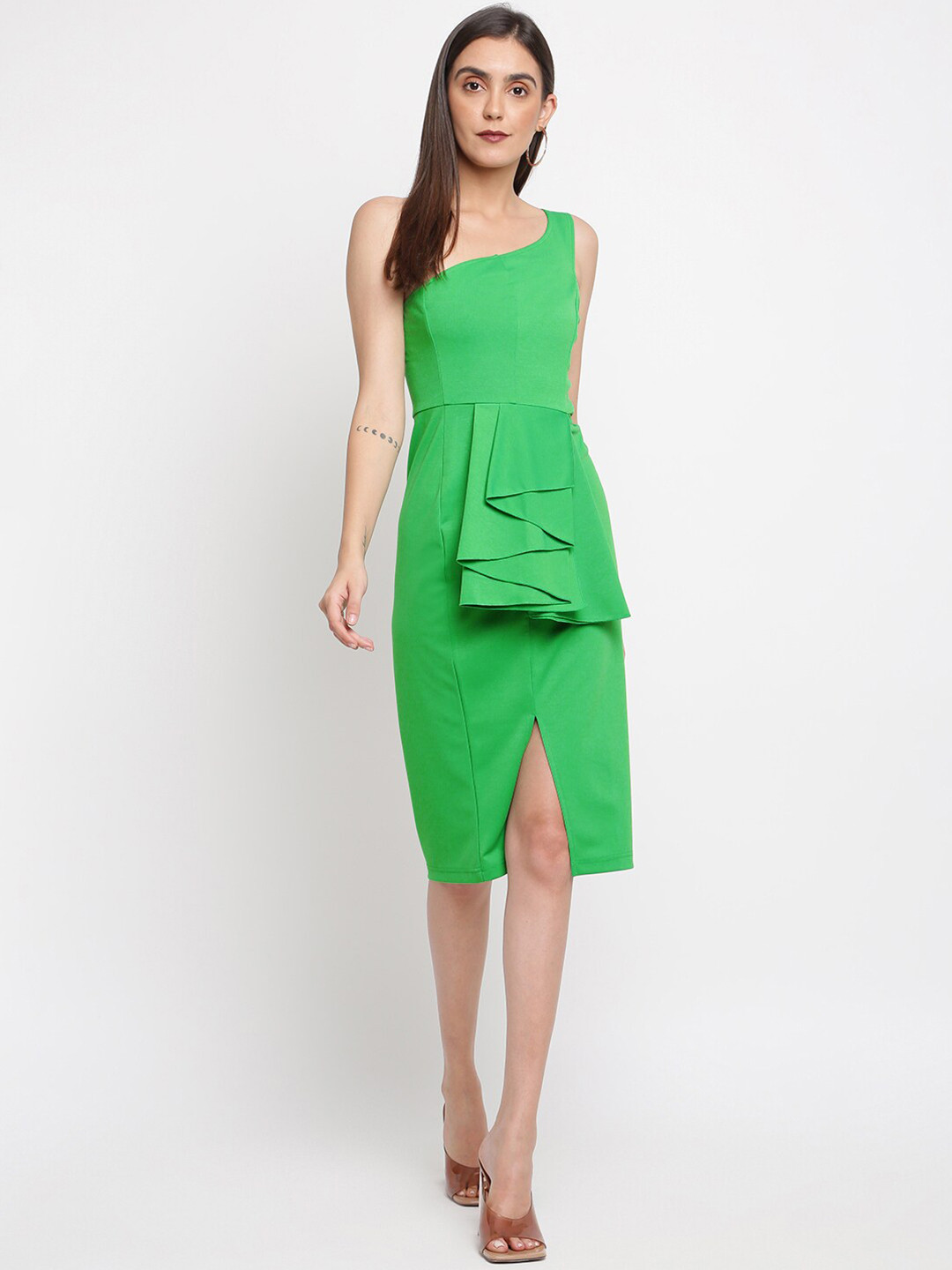iki chic Green One Shoulder Scuba Solid Sheath Dress