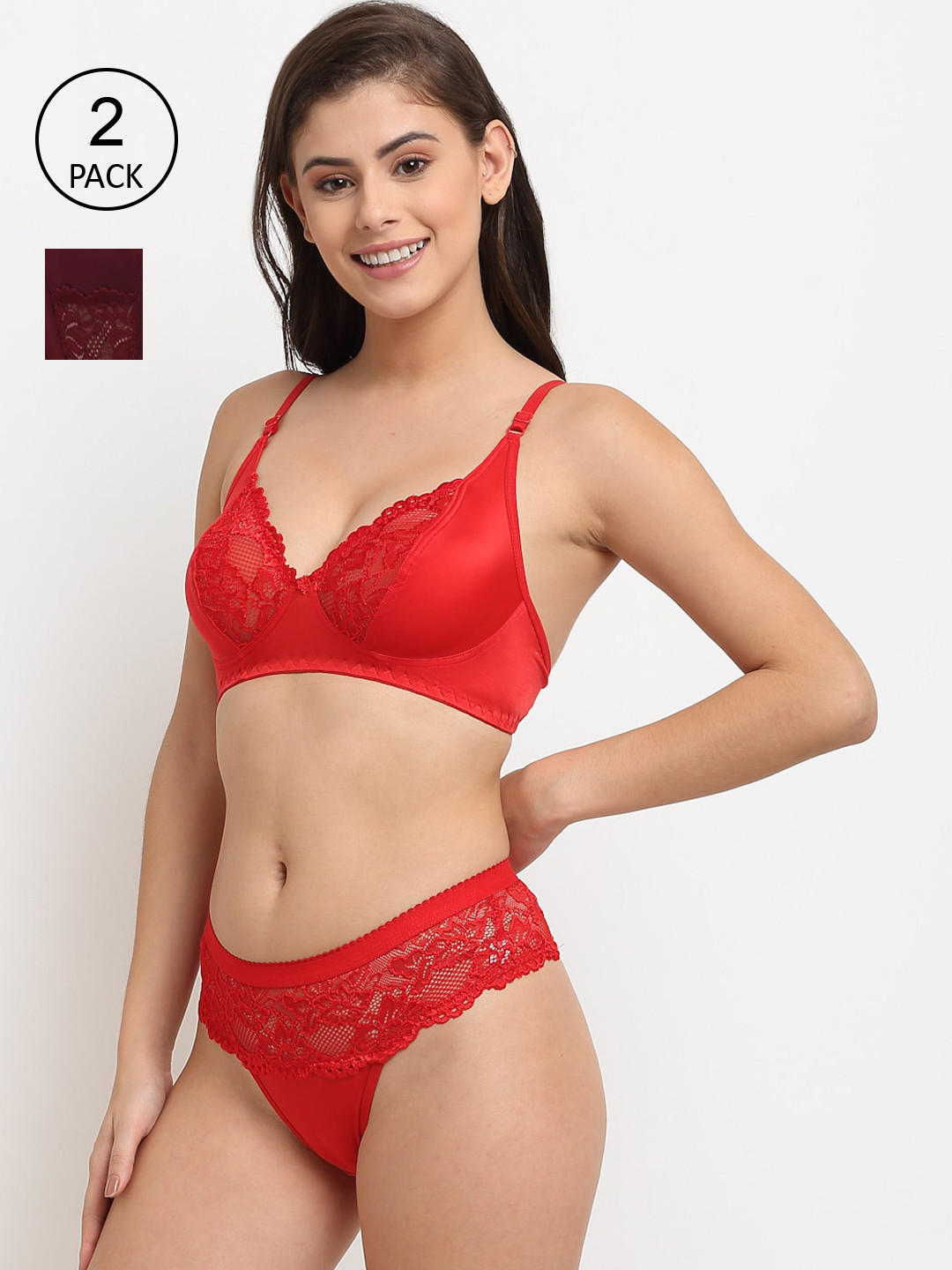 Friskers Red & Maroon Non Padded Polyamide Spandex Lingerie Set Of 2
