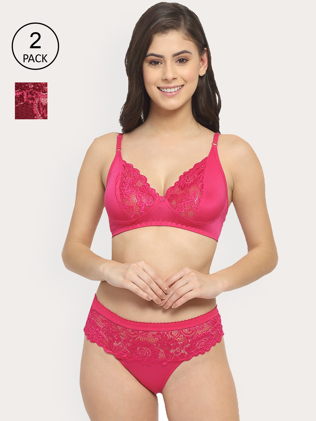 Friskers Women Pack Of 2 Pink & Wine-Maroon Lace Lingerie Set