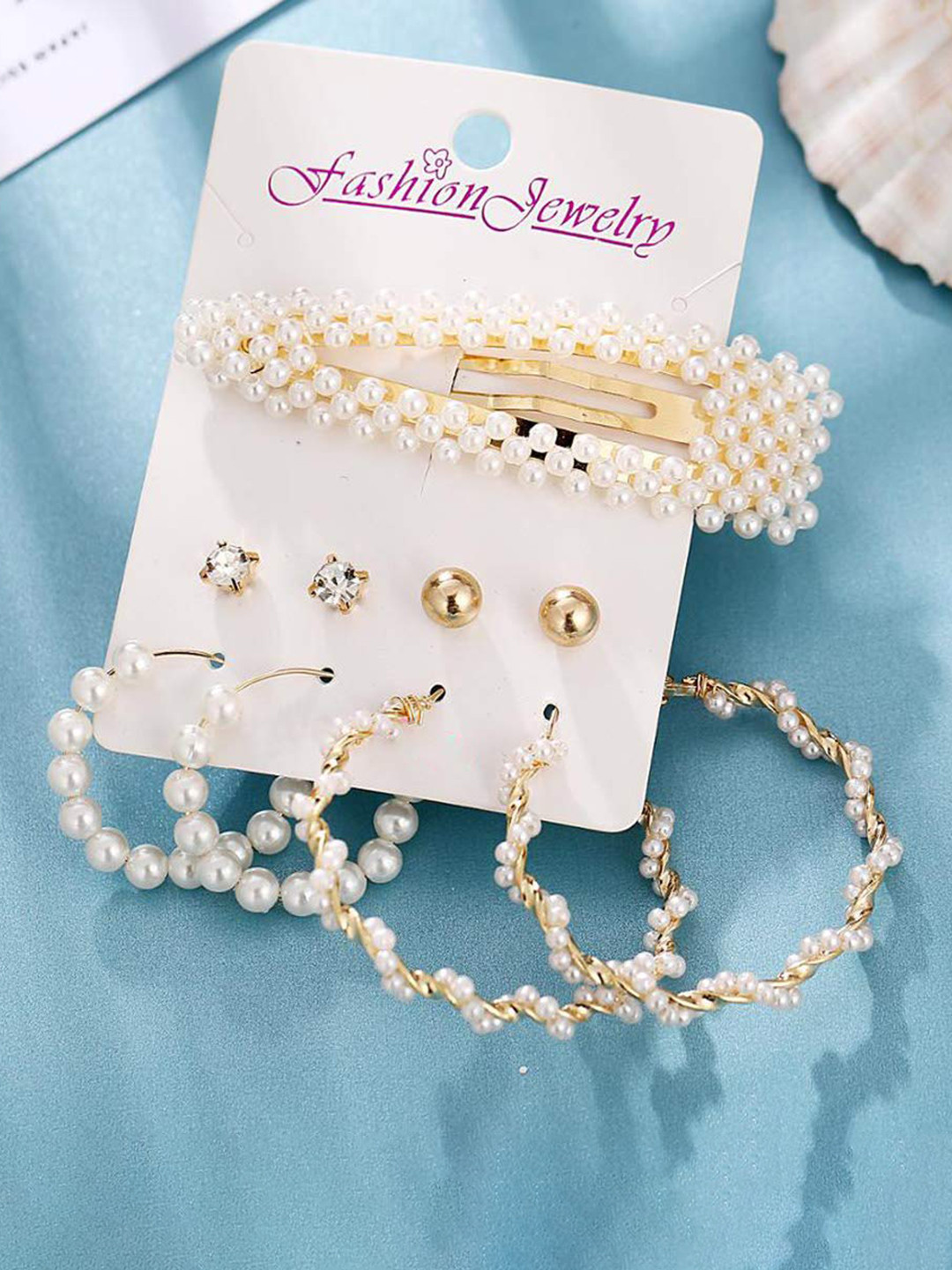 CHOCOZONE Set of 4 White Contemporary Studs with Hair Clip