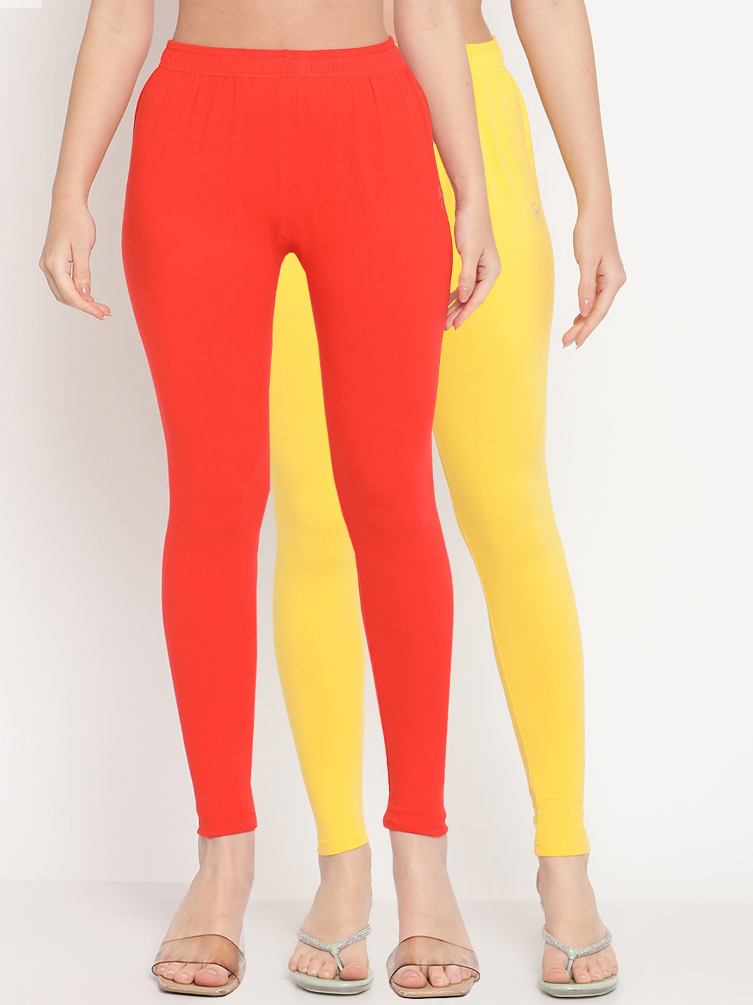 TAG 7 Women Pack Of 2 Orange & Yellow Solid Comfort-Fit Ankle Length Leggings