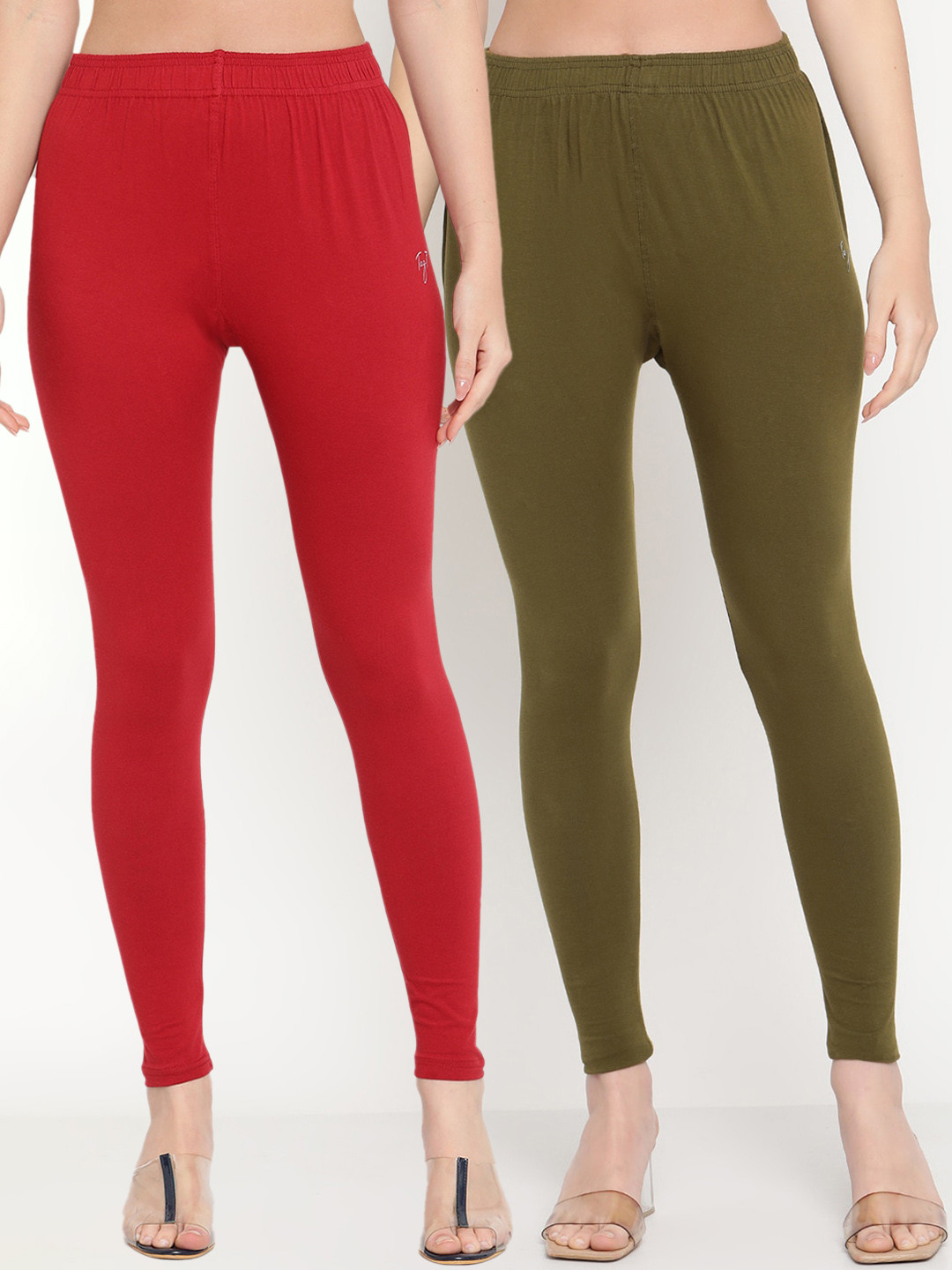 TAG 7 Women Maroon & Olive Pack Of 2 Solid Leggings