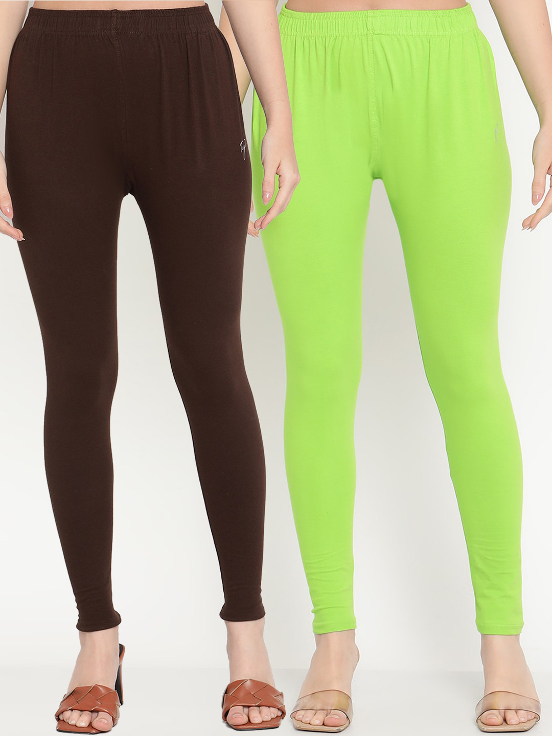 TAG 7 Women Pack Of 2 Lime Green & Coffee Brown Solid Ankle-Length Leggings