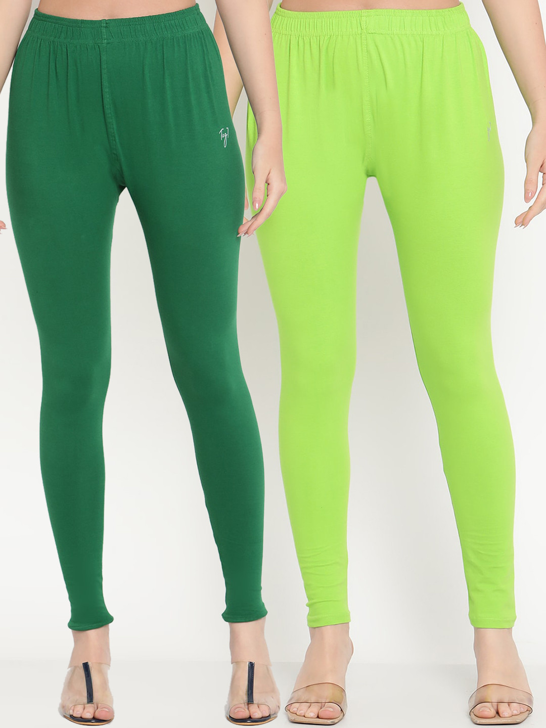 TAG 7 Pack of 2 Women Lime Green & Green Solid Leggings