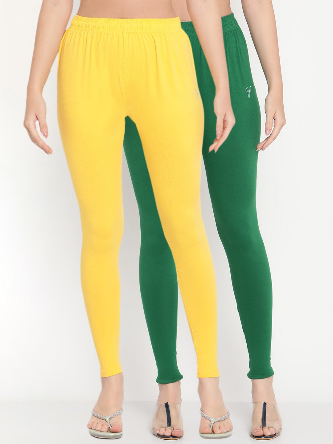 TAG 7 Women Pack Of 2 Yellow and Green Solid Comfort-Fit Ankle-Length Leggings