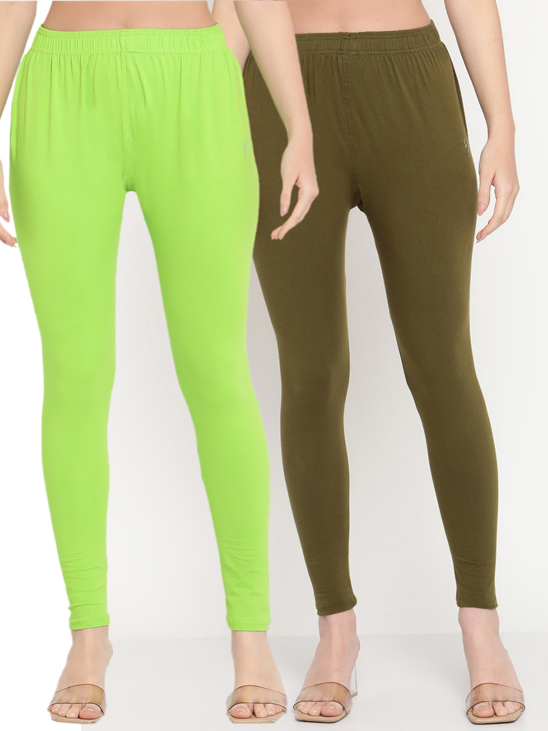 TAG 7 Women Lime Green & Olive Pack Of 2 Leggings