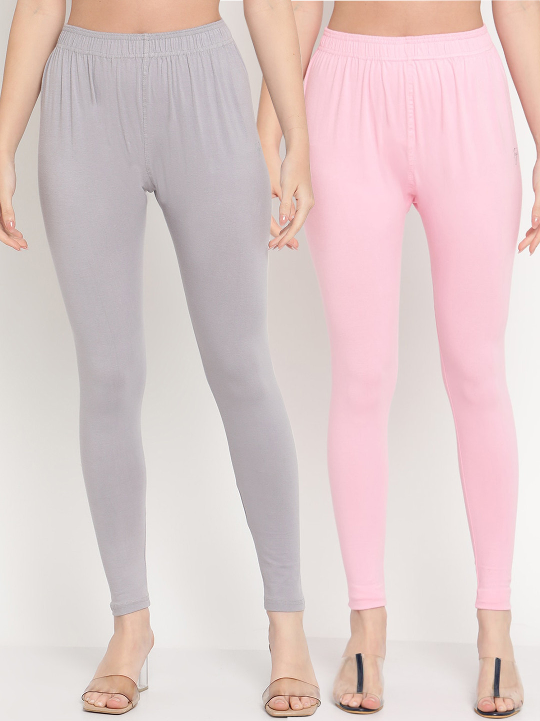 TAG 7 Women Pack Of 2 Pink & Grey Solid Comfort-Fit Ankle-Length Leggings