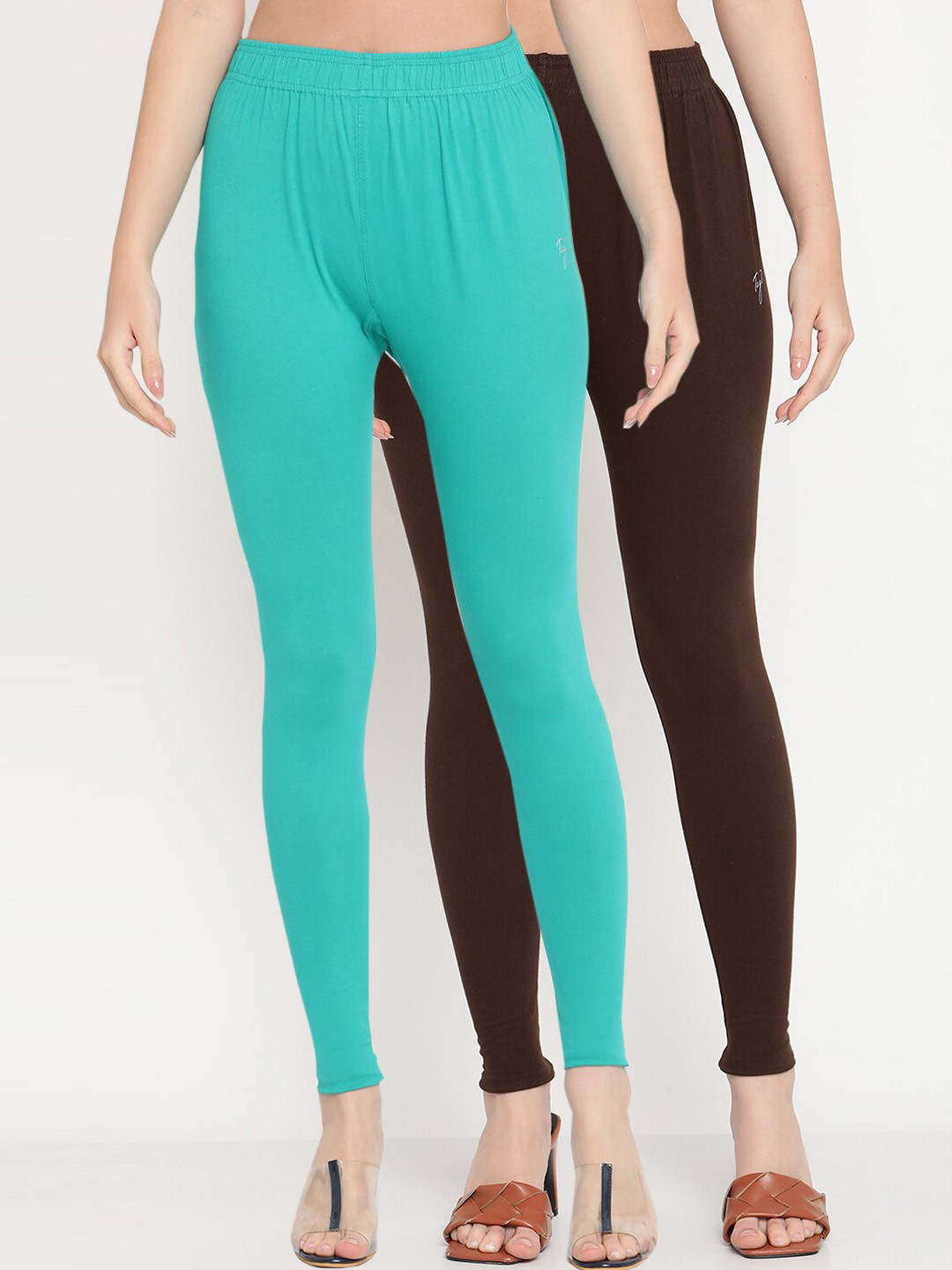 TAG 7 Women Pack Of 2 Turquoise Blue & Coffee Brown Solid Ankle-Length Leggings