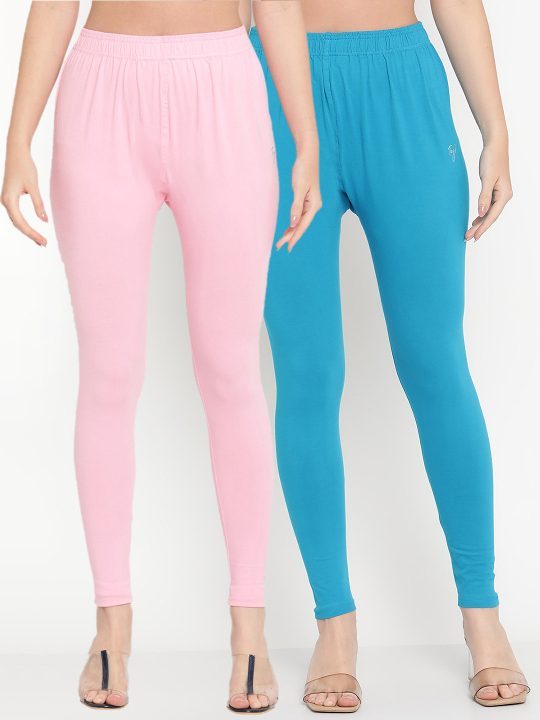 TAG 7 Women Pack Of 2 Pink and Blue Solid Comfort-Fit Ankle-Length Leggings