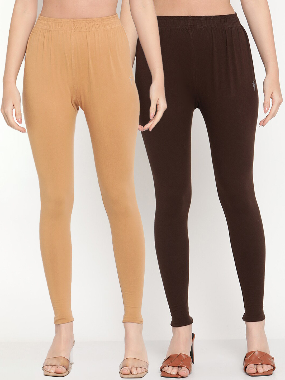 TAG 7 Women Pack Of 2 Beige and Coffee Brown Solid Comfort-Fit Ankle-Length Leggings