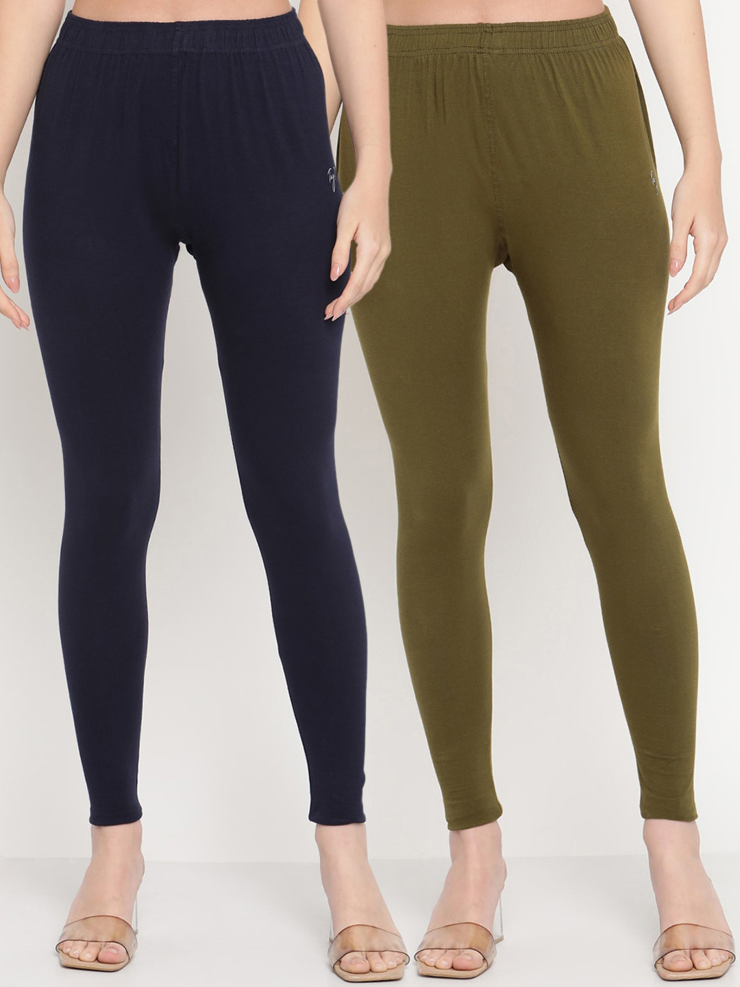 TAG 7 Women Pack Of 2 Olive Green & Navy Blue Solid Comfort-Fit Ankle-Length Leggings