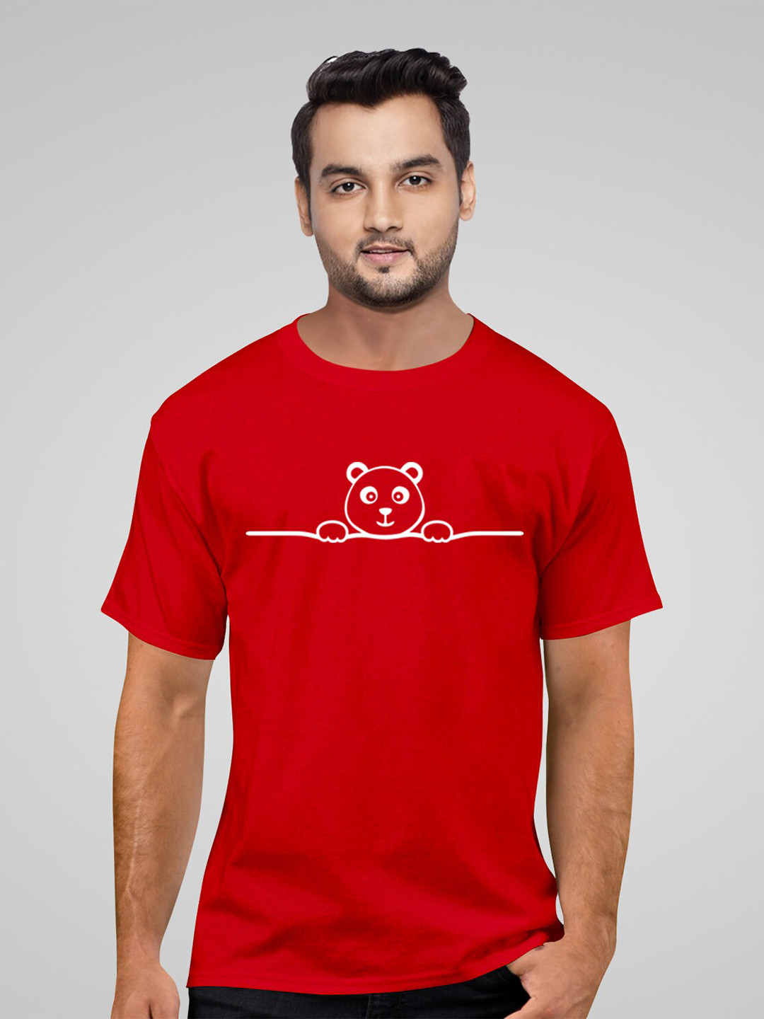 Pootlu Men Red & White Panda Printed Cotton T-shirt