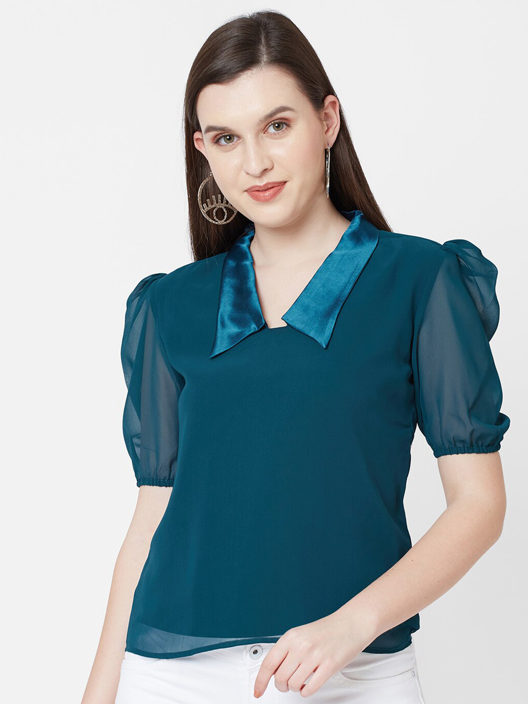 MISH Teal Green Puff Sleeves Georgette Shirt Style Top