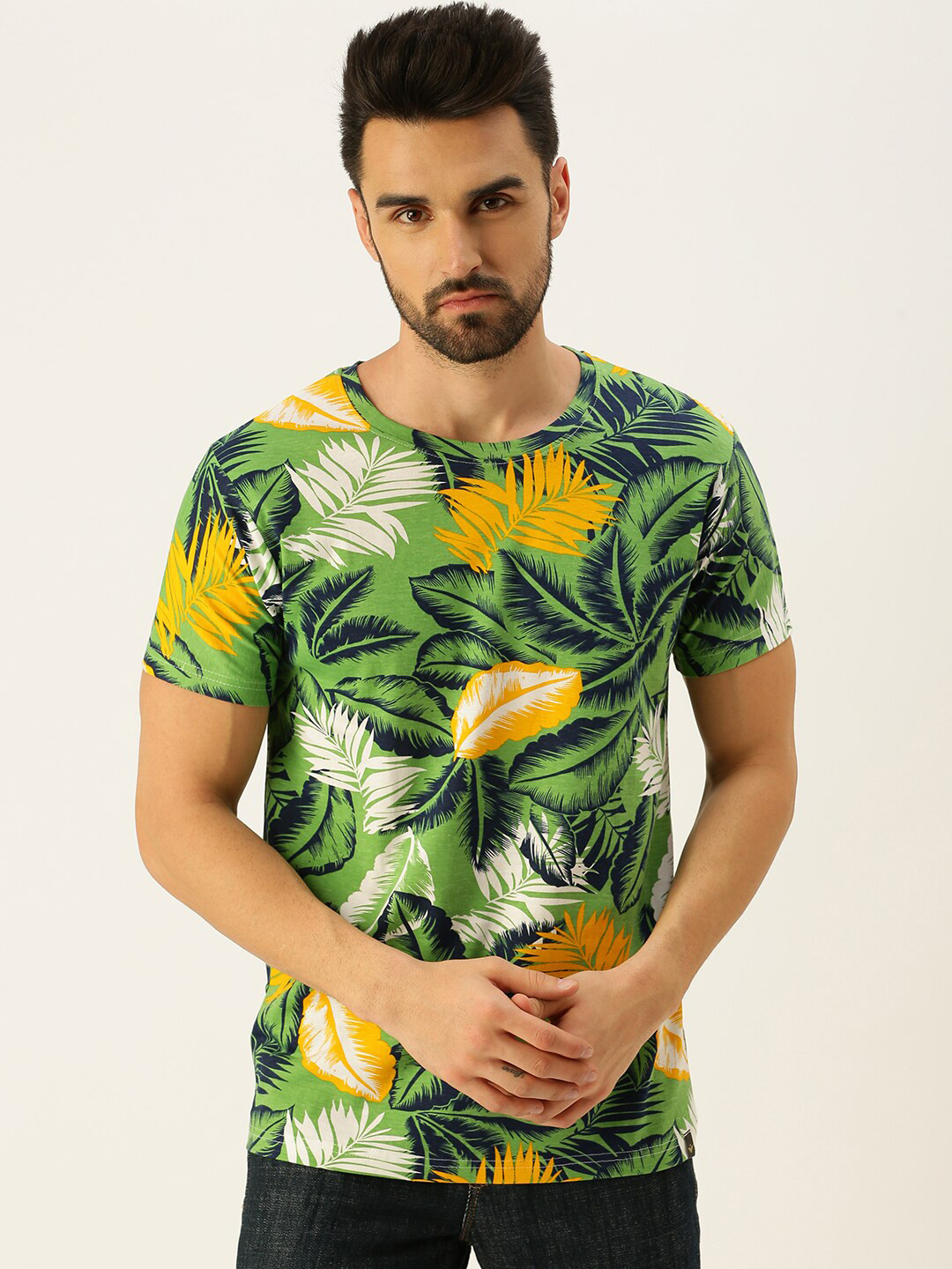 VEIRDO Men Green Tropical Printed T-shirt