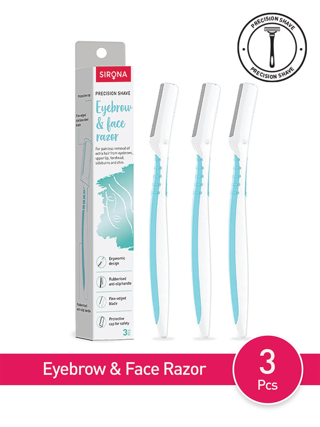 Sirona Set of 3 Eyebrow & Face Razors - White & Turquoise Blue