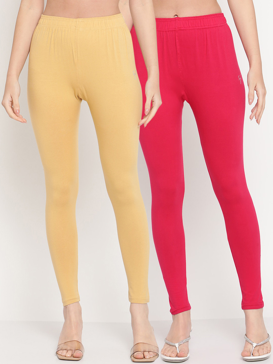 TAG 7 Women Pack Of 2 Beige & Pink Solid Ankle-Length Leggings