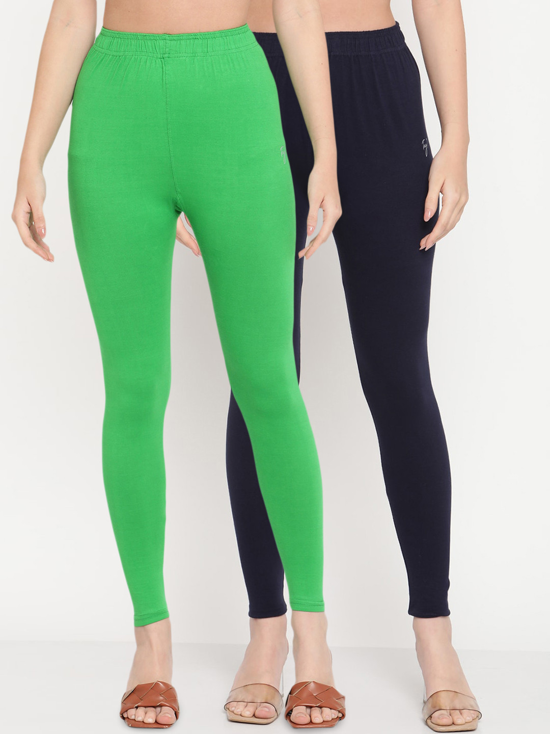 TAG 7 Women Green & Navy Blue Pack of 2 Solid Comfort Fit Ankle Length Leggings