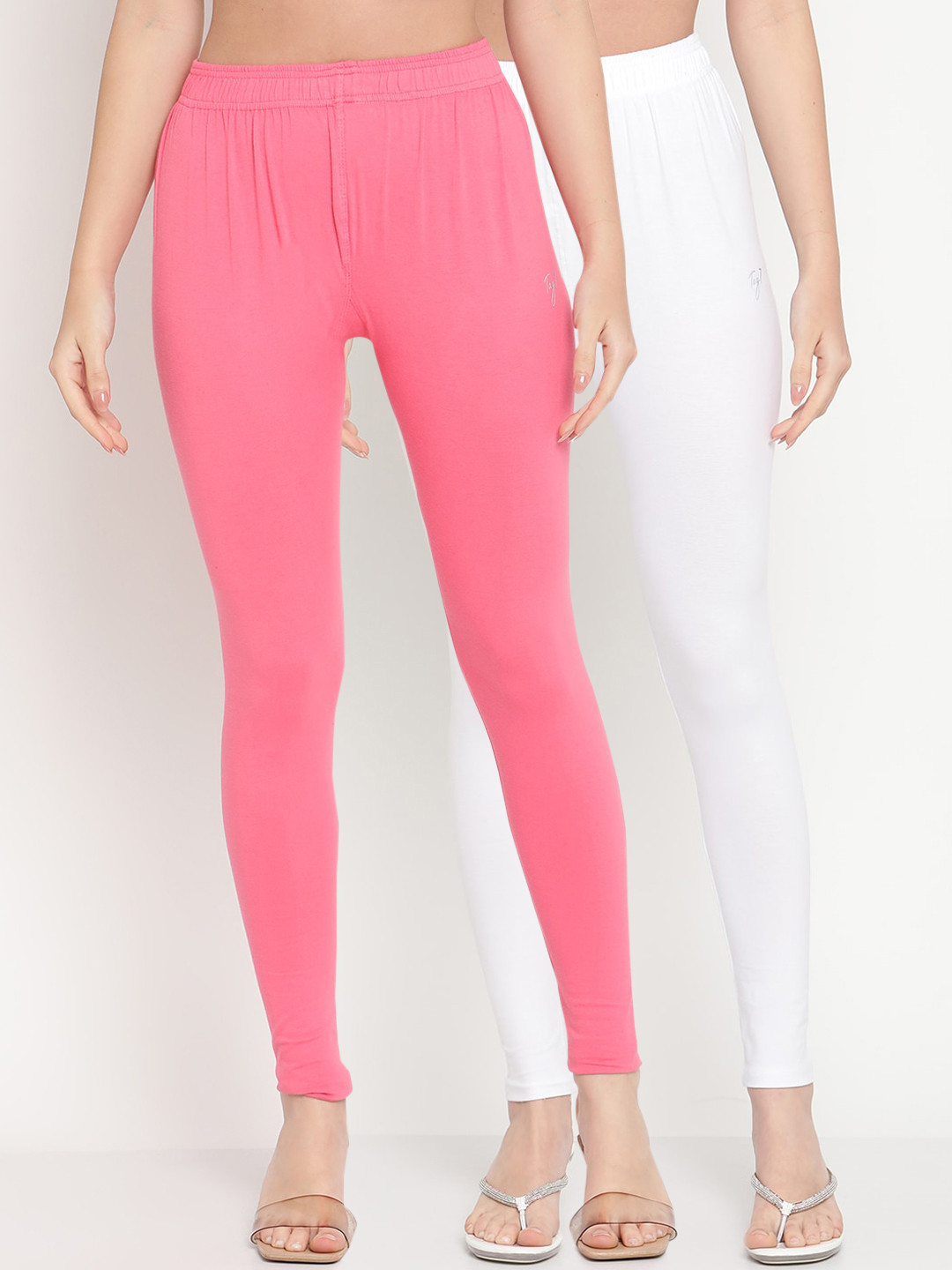 TAG 7 Women Pack Of 2 Pink and White Solid Comfort-Fit Ankle-Length Leggings