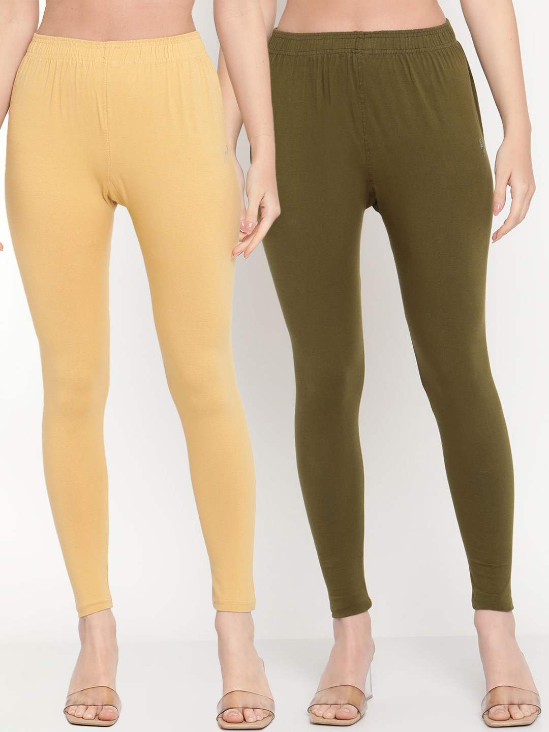 TAG 7 Women Pack Of 2 Beige and Olive Solid Comfort-Fit Ankle-Length Leggings