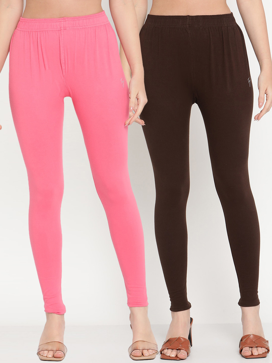 TAG 7 Women Pink & Brown Pack Of 2 Solid Comfort-Fit Ankle-Length Leggings