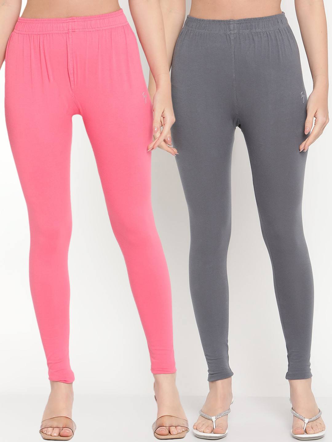 TAG 7 Women Pack Of 2 Grey & Pink Solid Comfort-Fit Ankle-Length Leggings