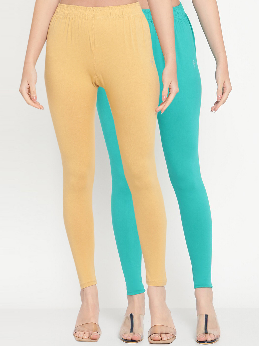 TAG 7 Pack of 2 Beige & Turquoise Blue Ankle Length Leggings
