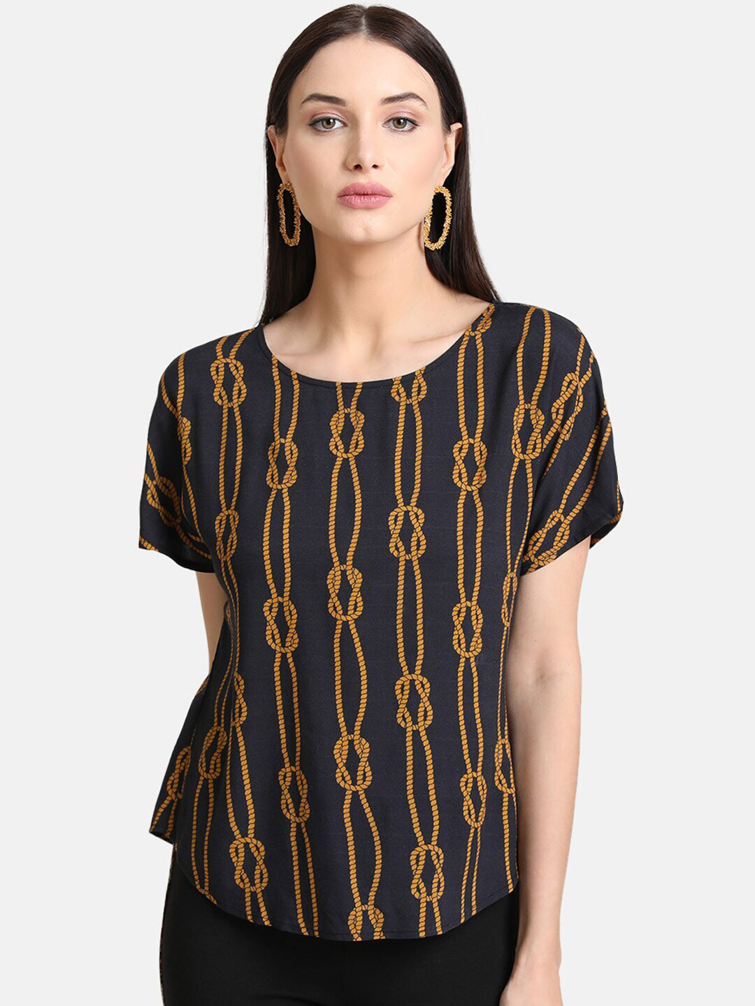 Kazo Navy Blue & Brown Floral Print Extended Sleeves Knitted Top