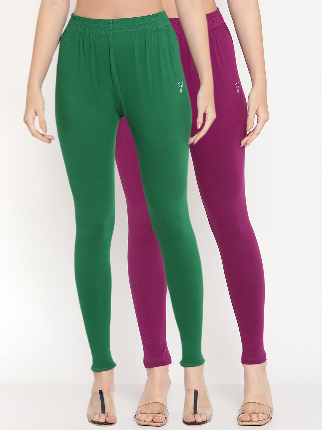 TAG 7 Women Pack Of 2 Purple and Green Solid Comfort-Fit Ankle-Length Leggings