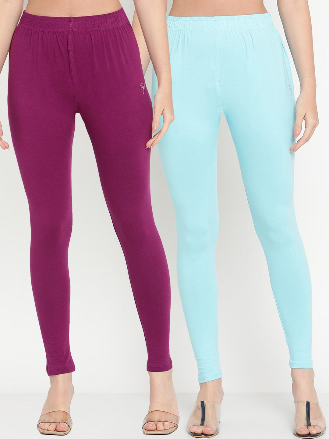 TAG 7 Women Purple & Blue Pack Of 2 Solid Comfort-Fit Ankle-Length Leggings