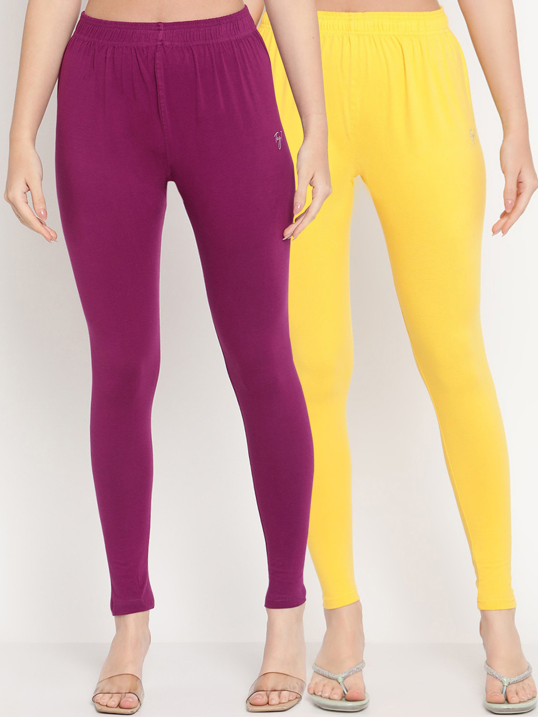 TAG 7 Women Purple & Yellow Solid Ankle-Length Leggings Pack Of 2