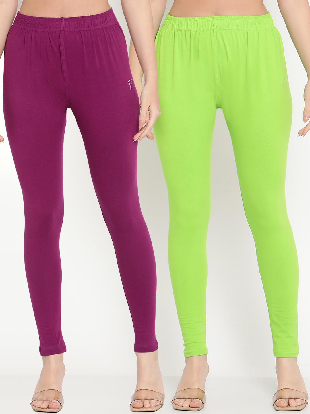 TAG 7 Women Pack of 2 Purple and Lime Green Solid Comfort Fit Ankle Length  Leggings