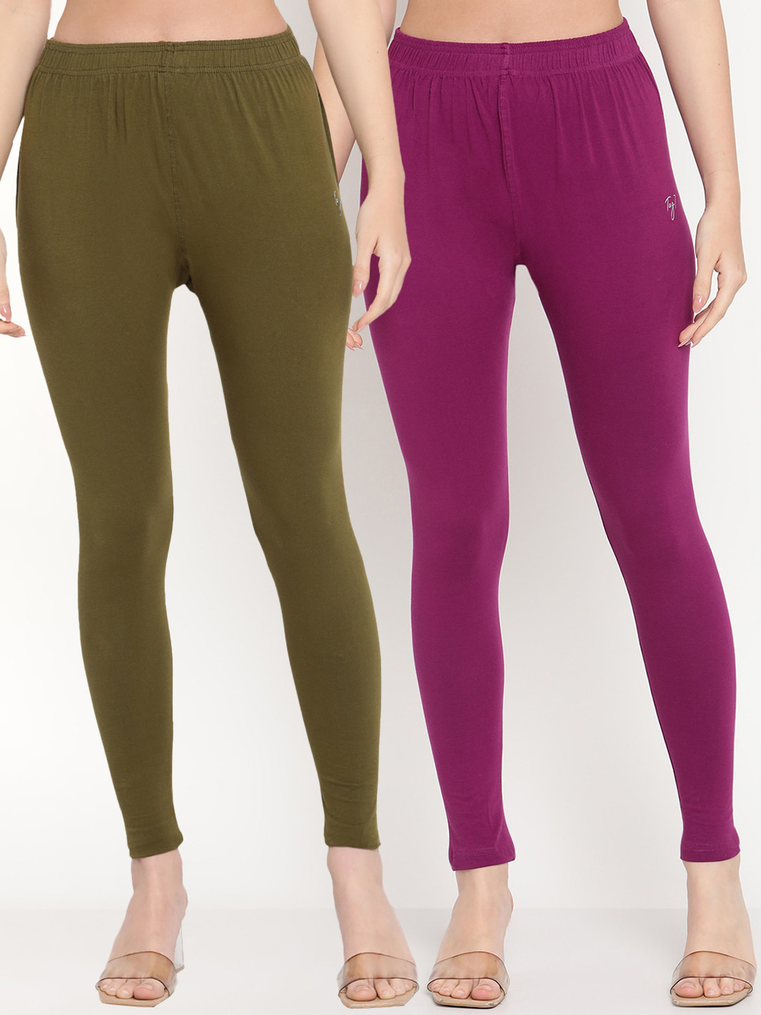 TAG 7 Women Pack Of 2 Purple & Olive Green Solid Ankle-Length Leggings