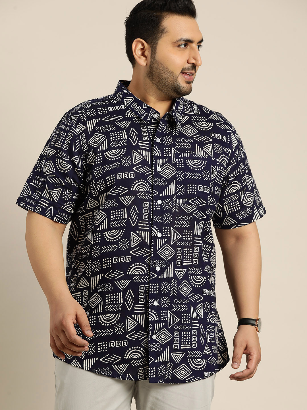 Sztori Plus Size Tribal Print Pure Cotton Casual Shirt