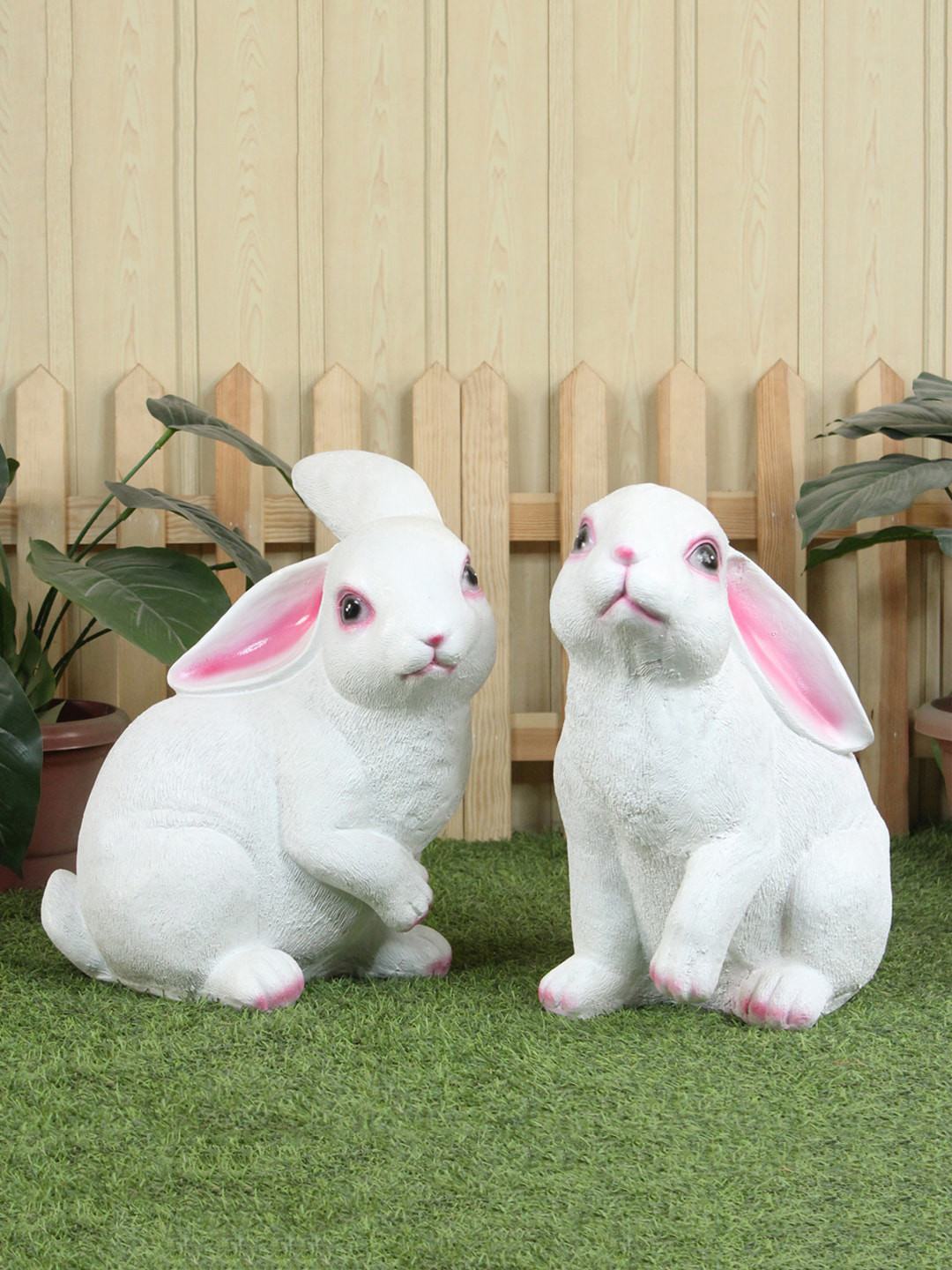 Wonderland Set of 2 White Rabbits Garden Accessories