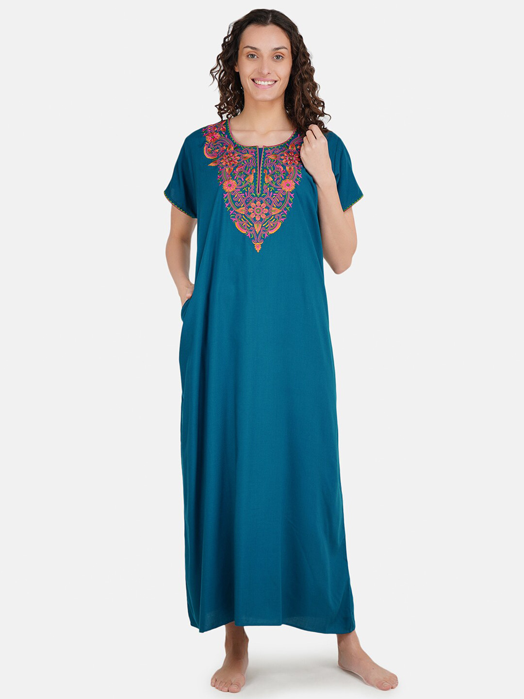 KOI SLEEPWEAR Peacock Blue Embroidered Maxi Nightdress