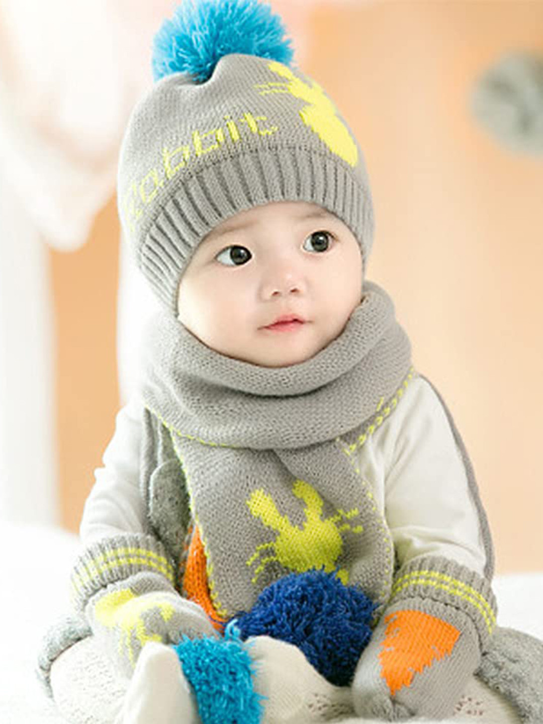 SYGA Kids Self Design Cotton Wool Beanie & Scarf Set
