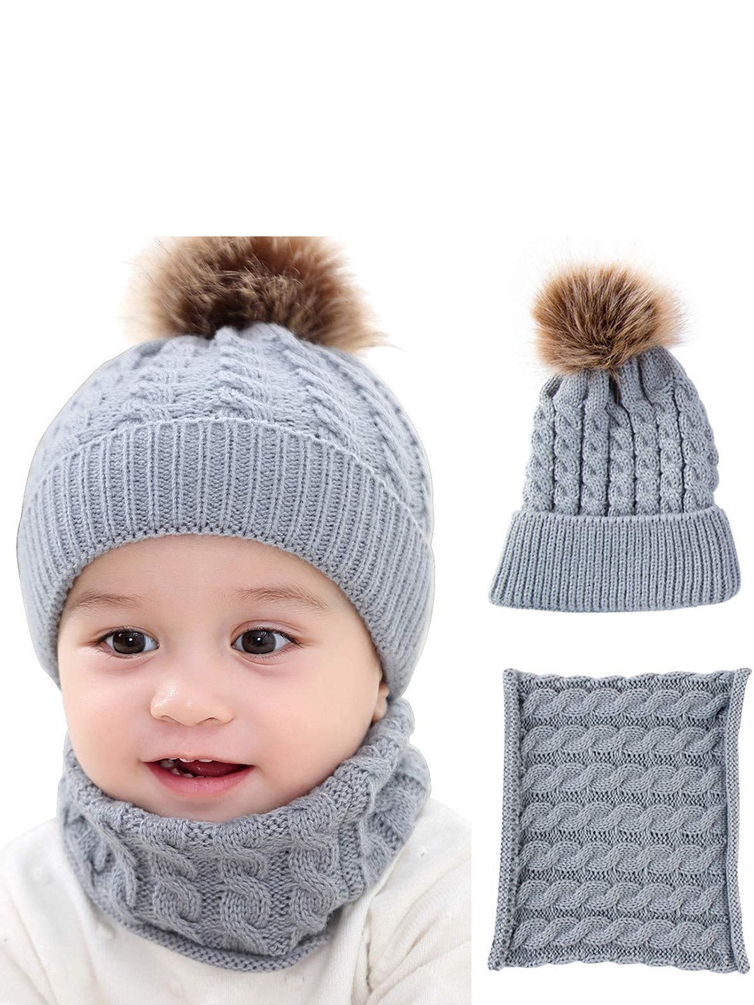 SYGA Unisex Kids Grey Knitted Pompom Beanie