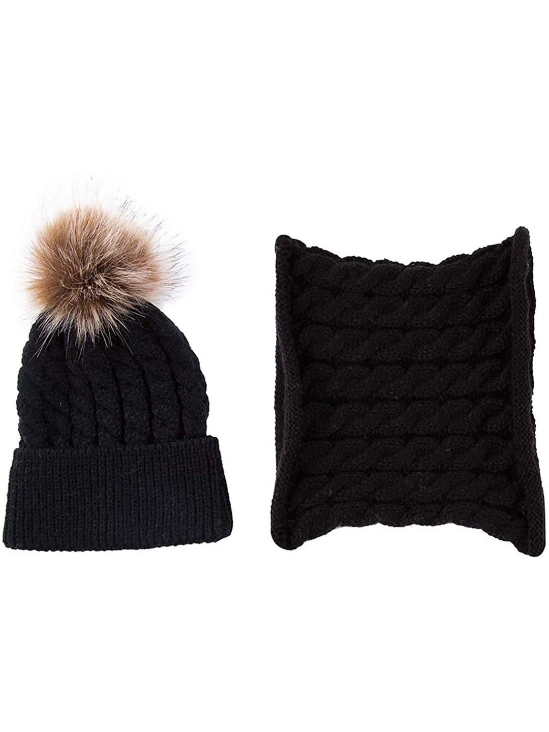 SYGA Kids Black Knitted Cotton Wool Pom Pom Beanie
