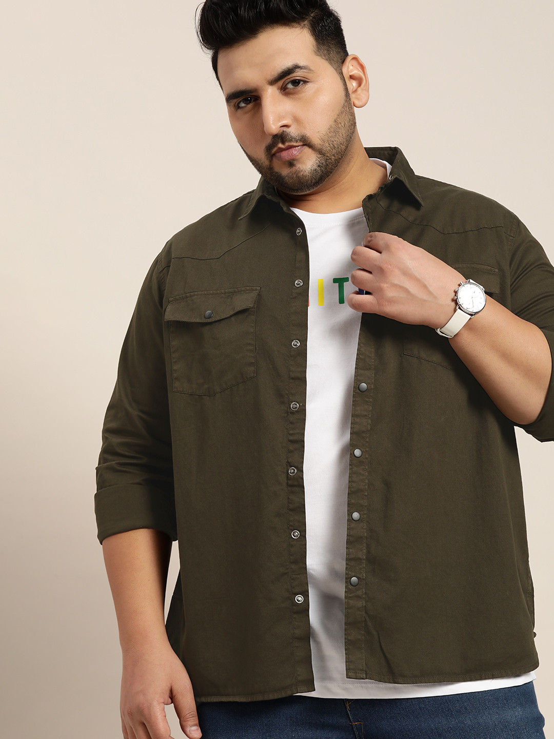 Sztori Men Plus Size Olive Green Solid Oversized Pure Cotton Woven Casual Shirt