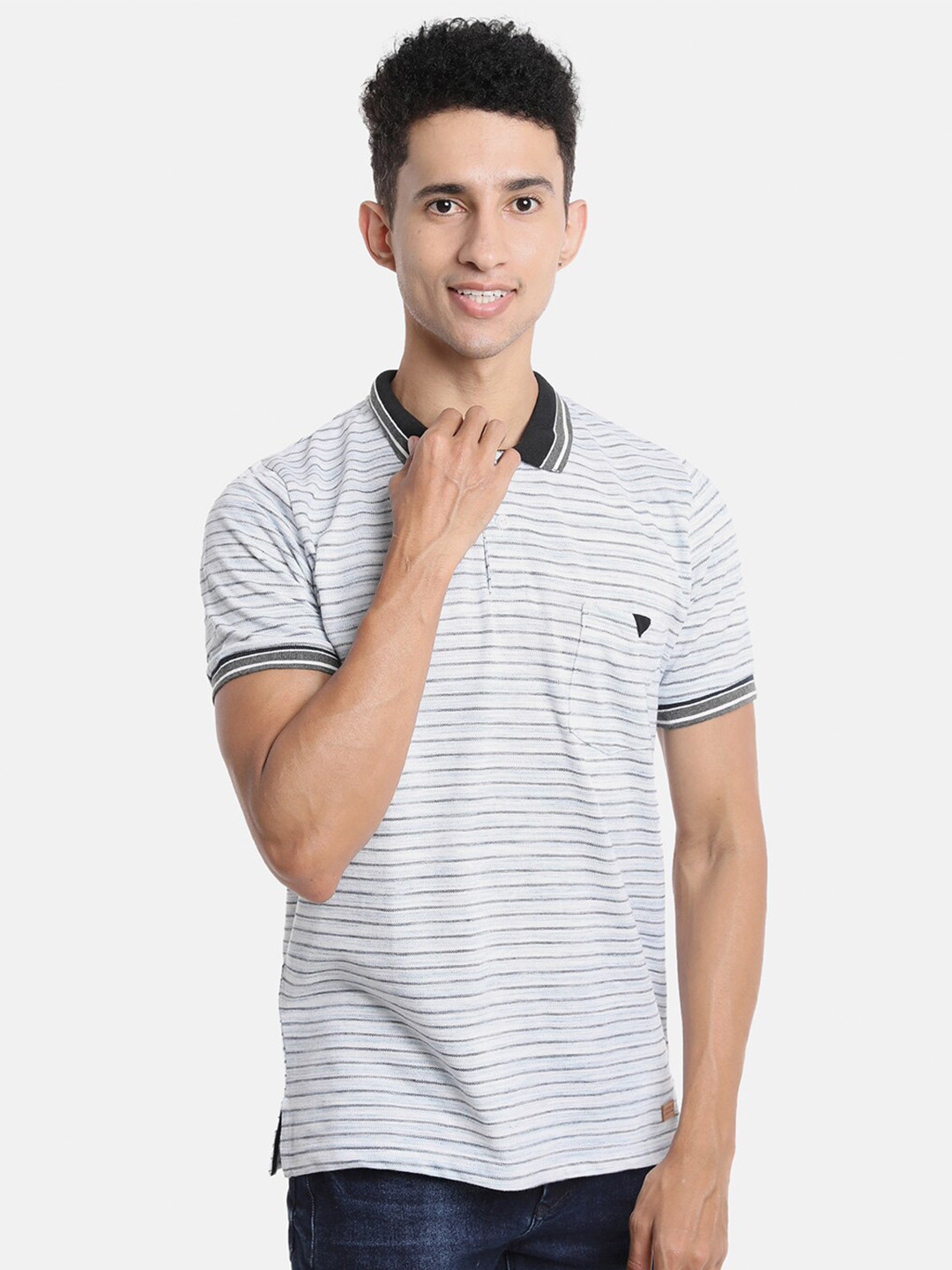 Campus Sutra Men White & Black Striped Polo Collar Regular Fit Outdoor T-shirt