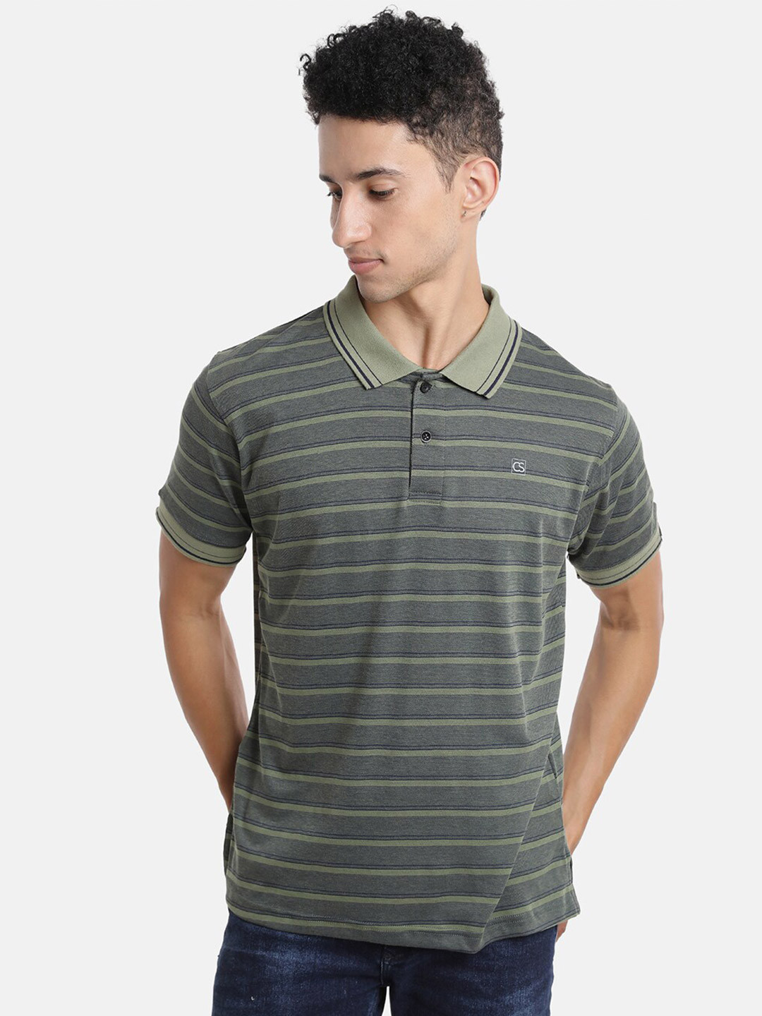 Campus Sutra Men Olive Green Striped  Outdoor T-shirt
