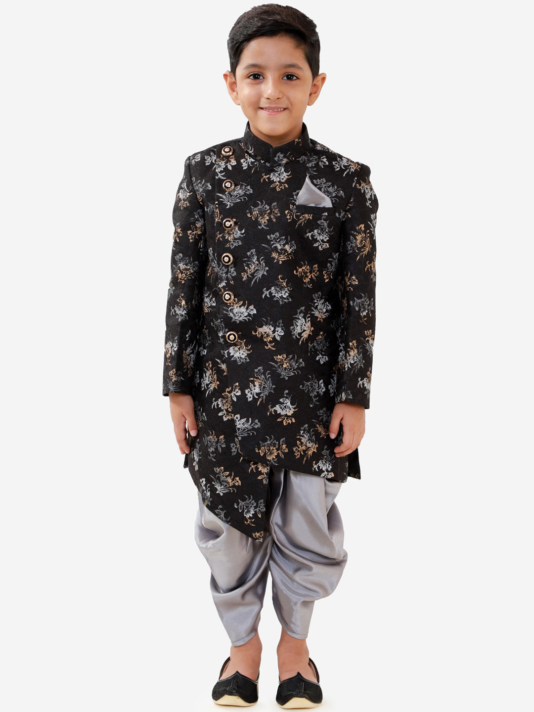 Vastramay Boys Black & Silver Floral Printed Sherwani Set