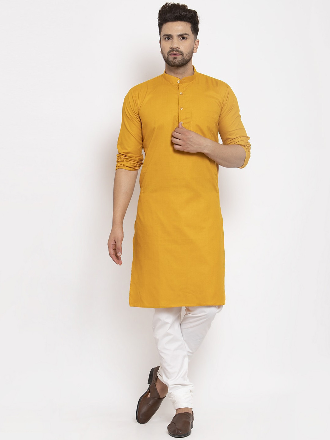 Kaifoo Men Mustard Yellow Solid Mandarin Neck Straight Kurta with Pyjamas