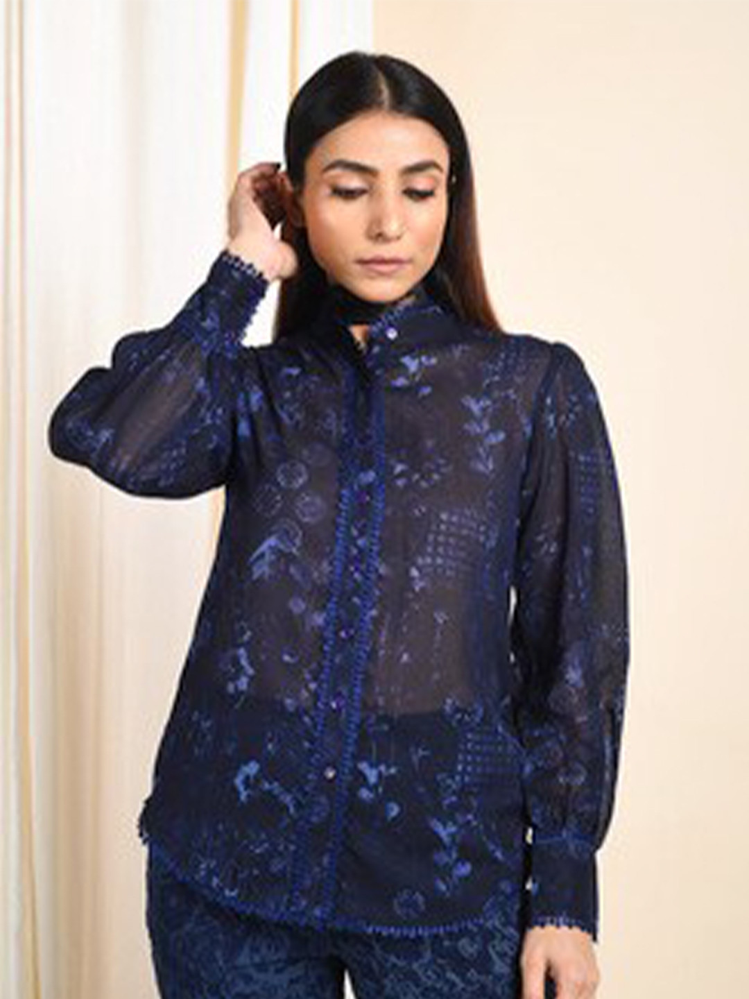 bellamia Women Navy Blue Floral Print Shirt Collar Shirt Style Top