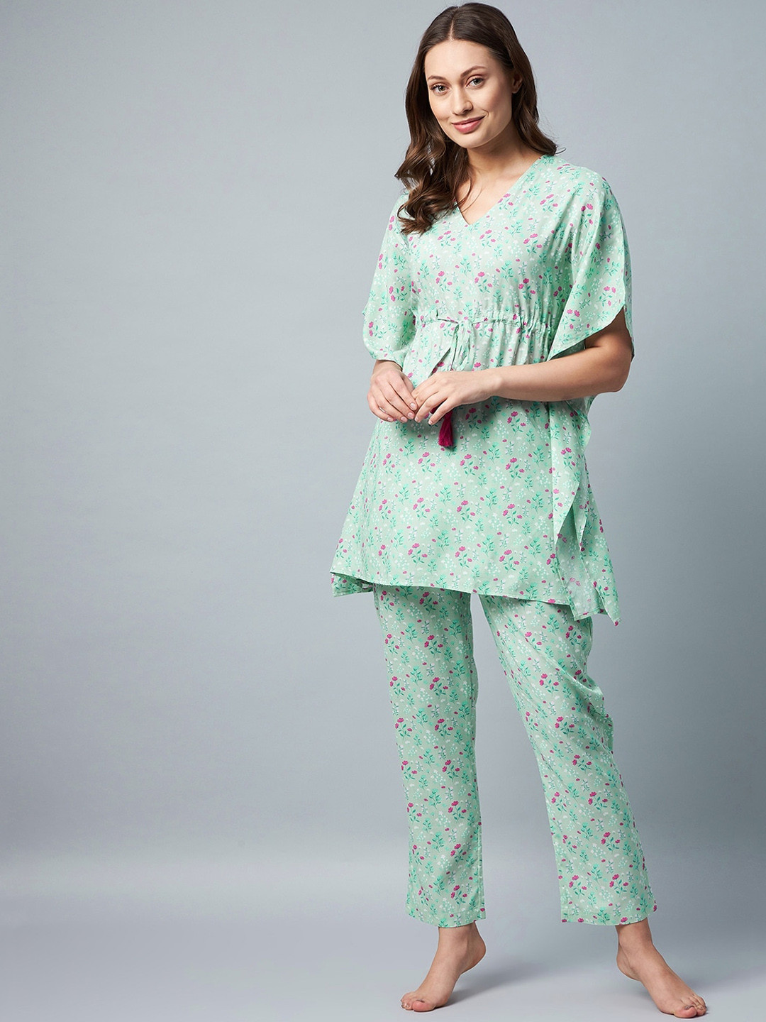 StyleStone Women Green & Pink Printed Night suit