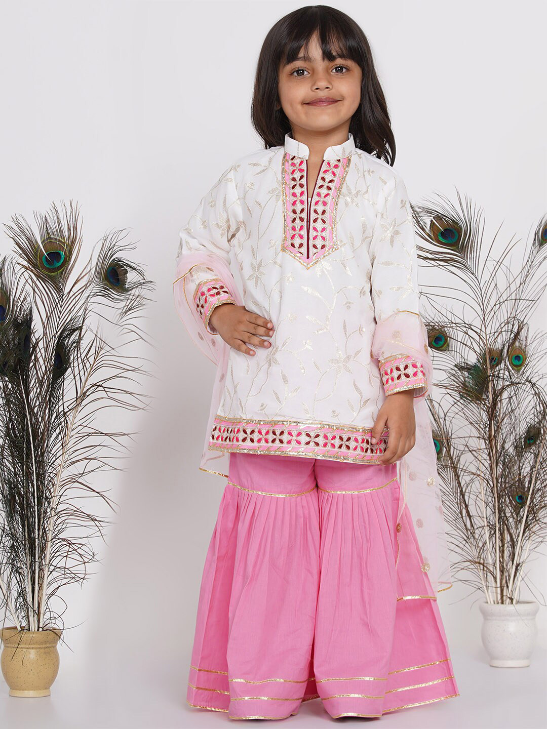 Little Bansi Girls Pink & White Embroidered Kurti With Sharara & Dupatta